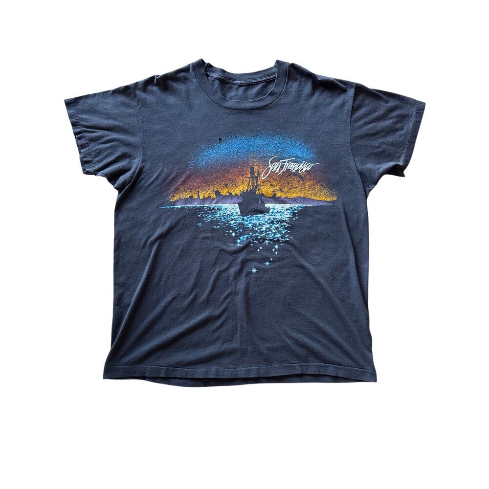 Vintage MICO San Francisco Bay Sunset Art Single Stitch M Faded Black T-Shirt
